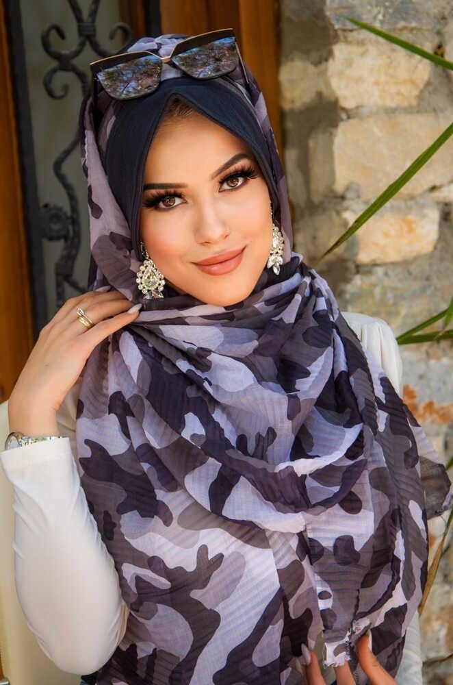 Lacivert Beyaz Kamuflaj Pilise Şapkalı Şal