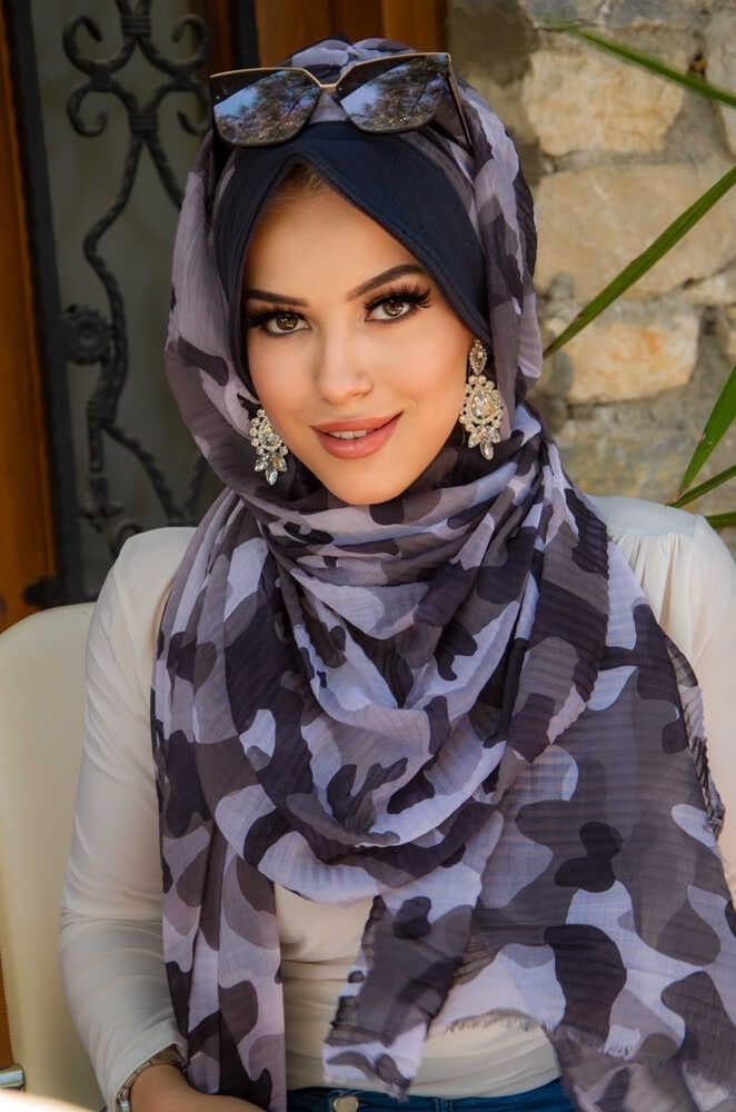 Lacivert Beyaz Kamuflaj Pilise Şapkalı Şal