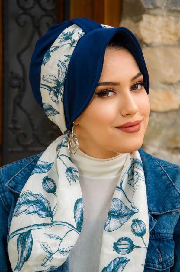 Lacivert Beyaz Yaprak Fularlı Şapka Bone