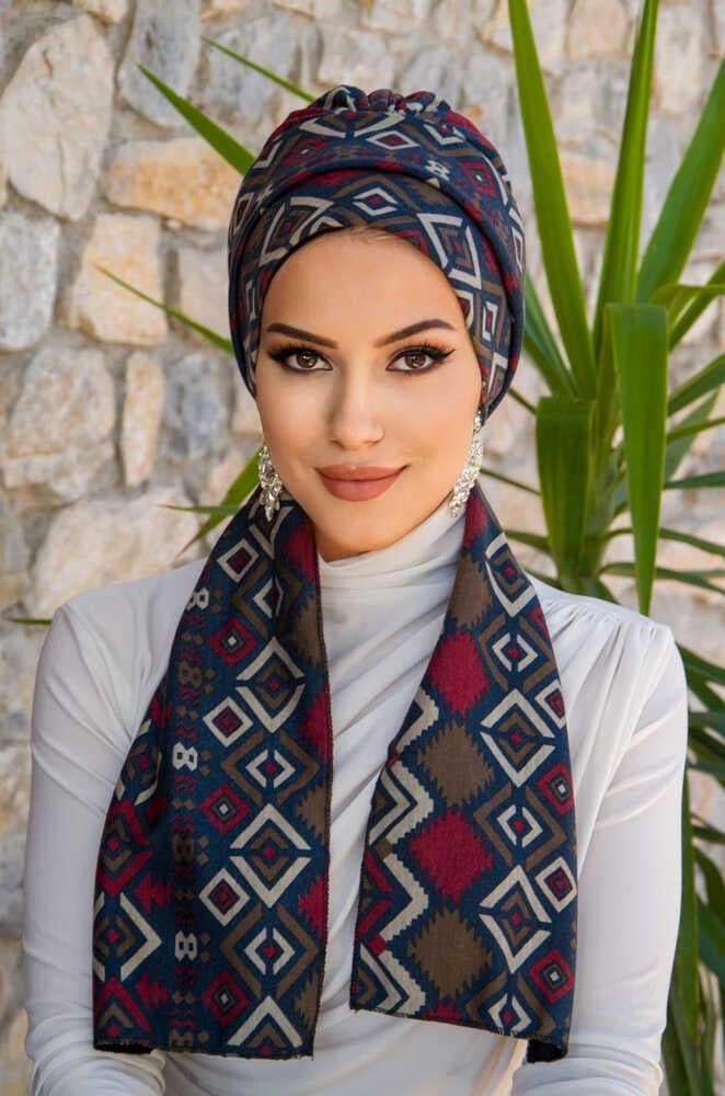 Lacivert Bordo Etnik Desenli Atkılı Bone