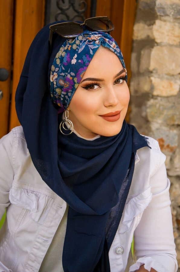 Lacivert Çiçek Desen Hazır Şal