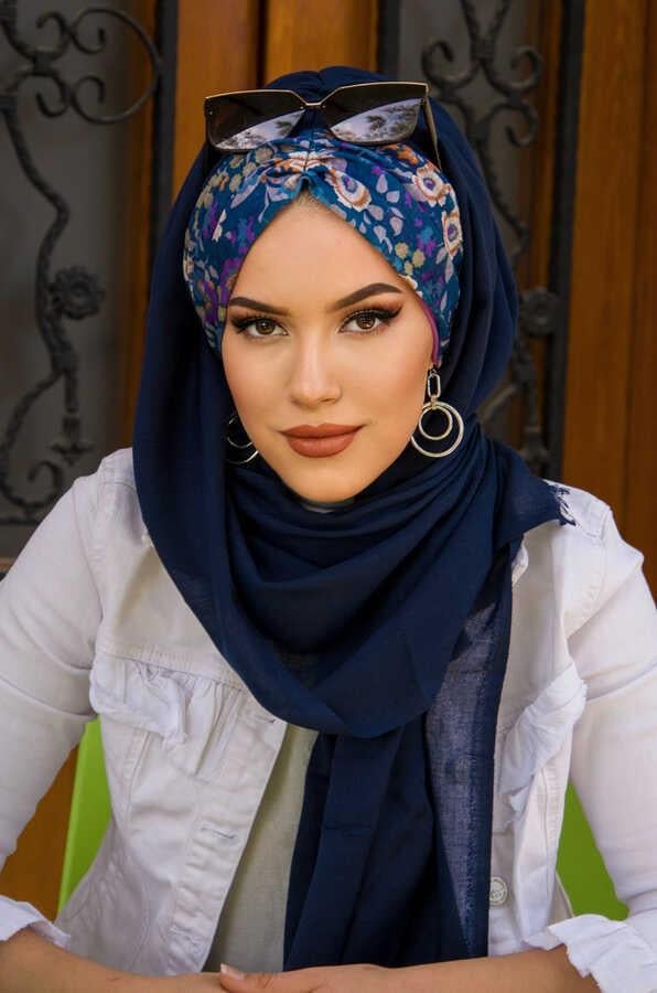 Lacivert Çiçek Desen Hazır Şal