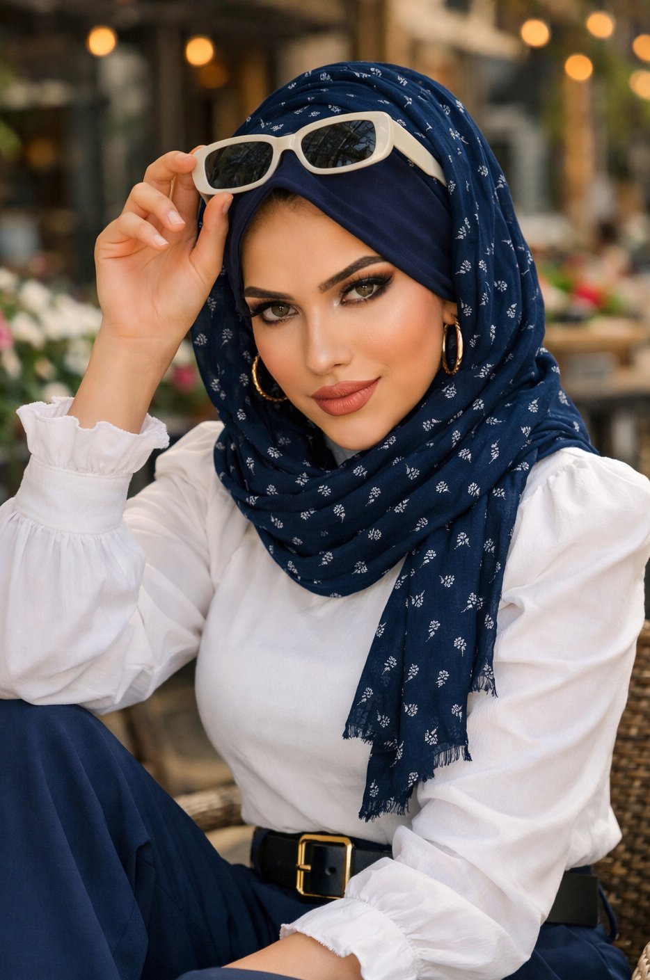Lacivert Çiçekli Baskılı Şapkalı Şal