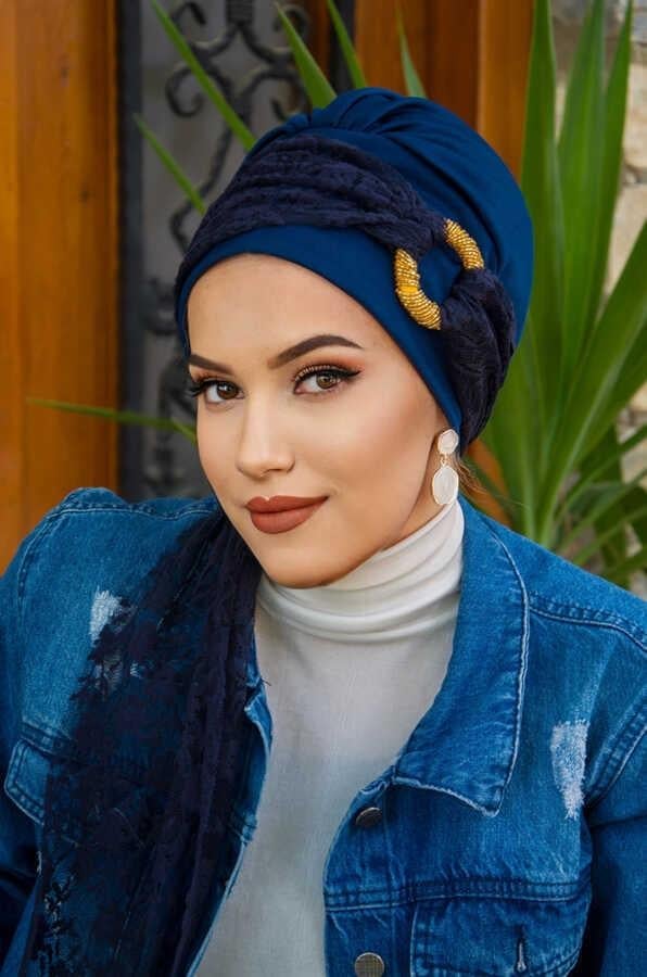 Lacivert Dantel Toka Detaylı Atkılı Bone