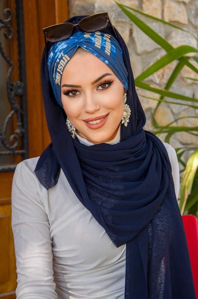 Lacivert Hardal Yazı Desen Hazır Şal