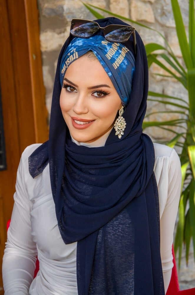 Lacivert Hardal Yazı Desen Hazır Şal