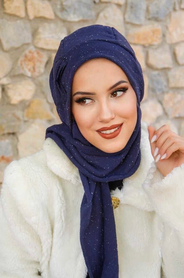 Lacivert Karyağdı Fiyonklu Tesettür Bere