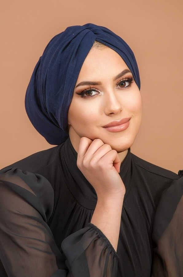 Lacivert Kelebek Model Büzgülü Bone Şal