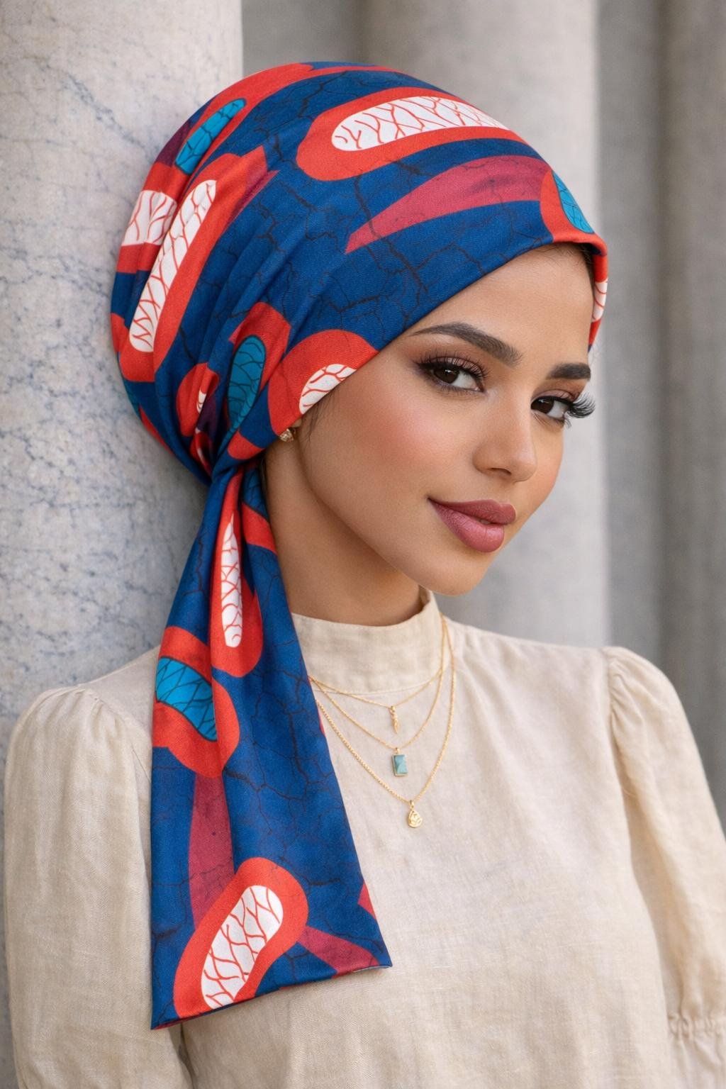 Lacivert Kırmızı Çatlak Desen Eşarp Bone