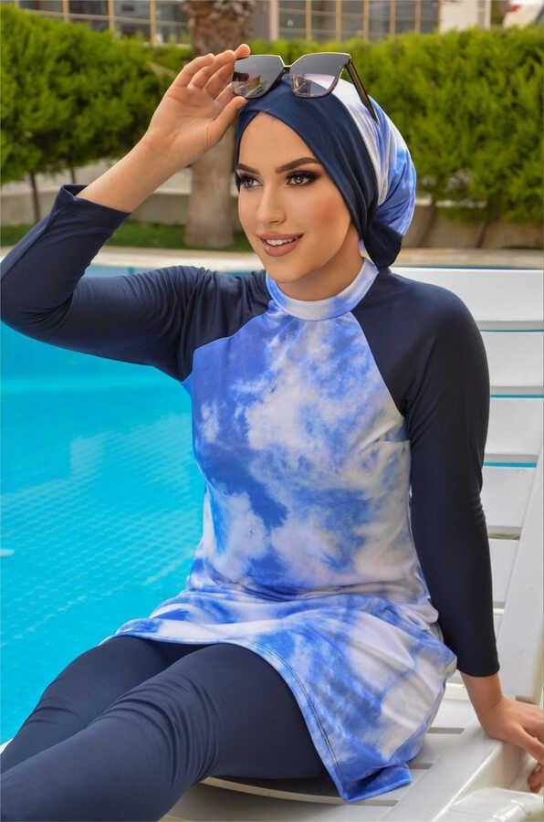 Lacivert Mavi Batik Tesettür Mayo Takım