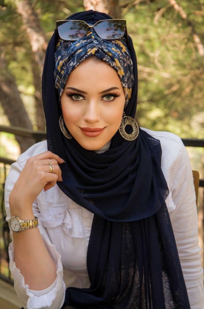 Lacivert Mimoza Çiçek Desen Hazır Şal