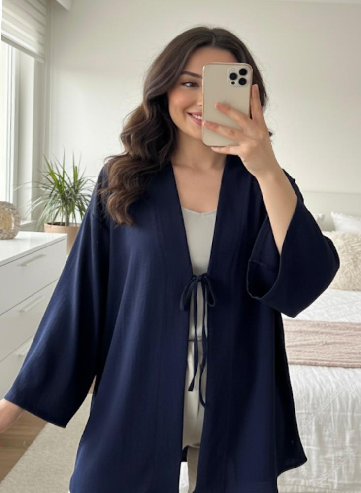 Lacivert Önü Bağlamalı Kimono Tunik /Likralı Yazlık Kumaş