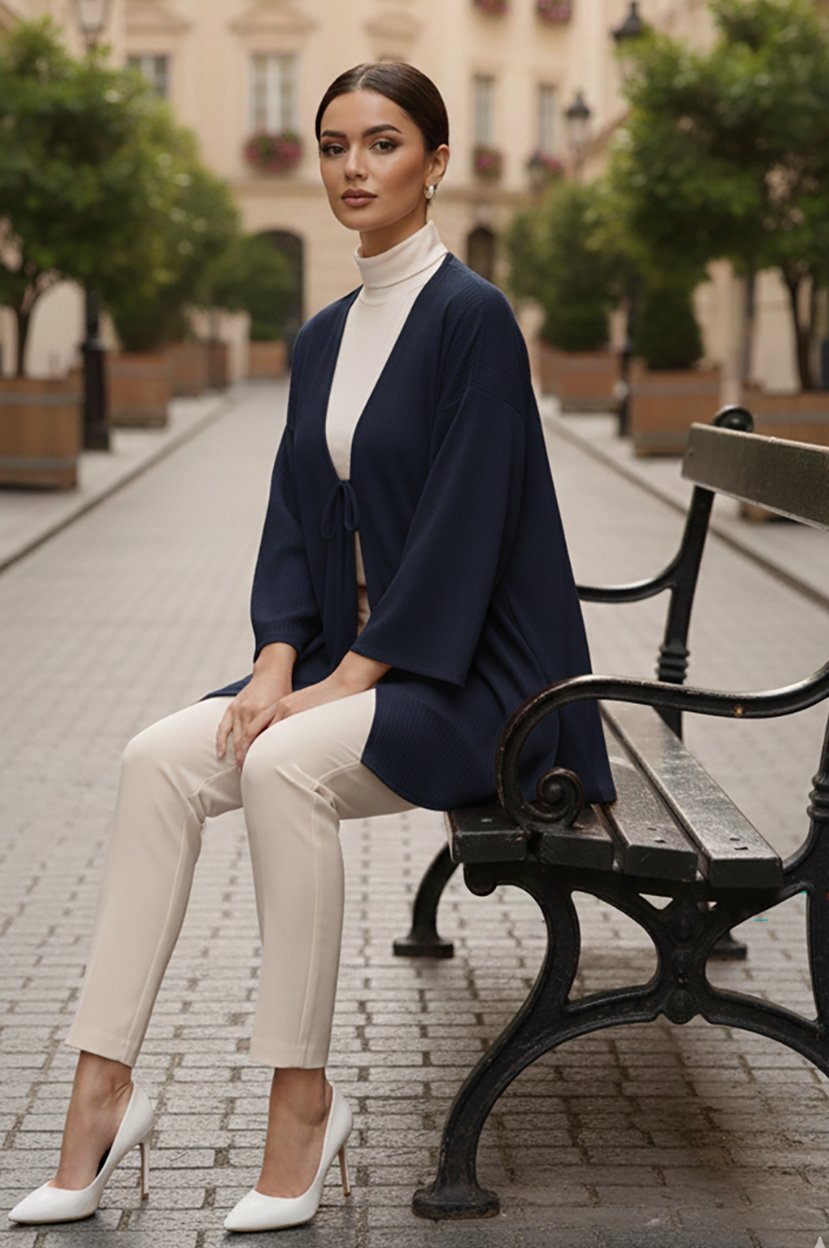 Lacivert Önü Bağlamalı Kimono Tunik /Likralı Yazlık Kumaş