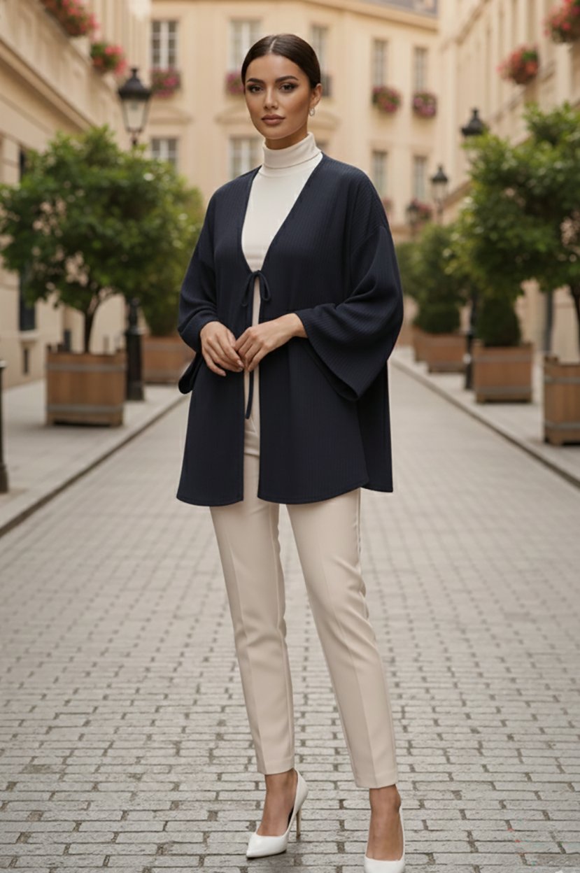 Lacivert Önü Bağlamalı Kimono Tunik /Likralı Yazlık Kumaş