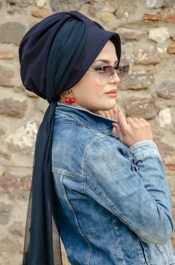 Lacivert Şapkalı Fularlı Şapka Bone