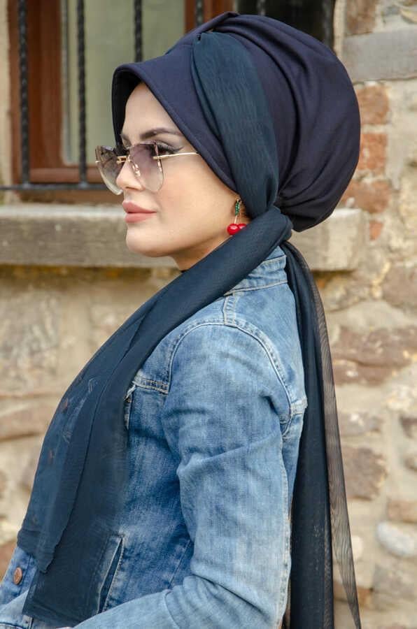 Lacivert Şapkalı Fularlı Şapka Bone