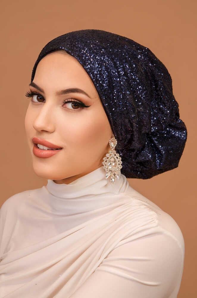 Lacivert Simli Çağla Abiye Hazır Türban Bone