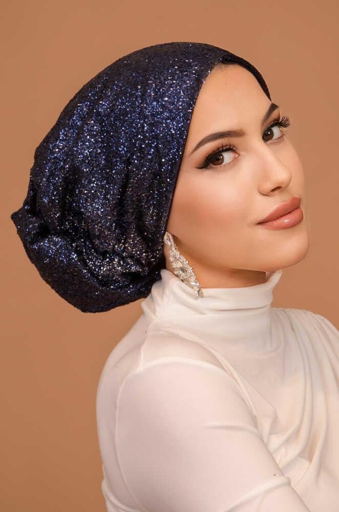 Lacivert Simli Çağla Abiye Hazır Türban Bone