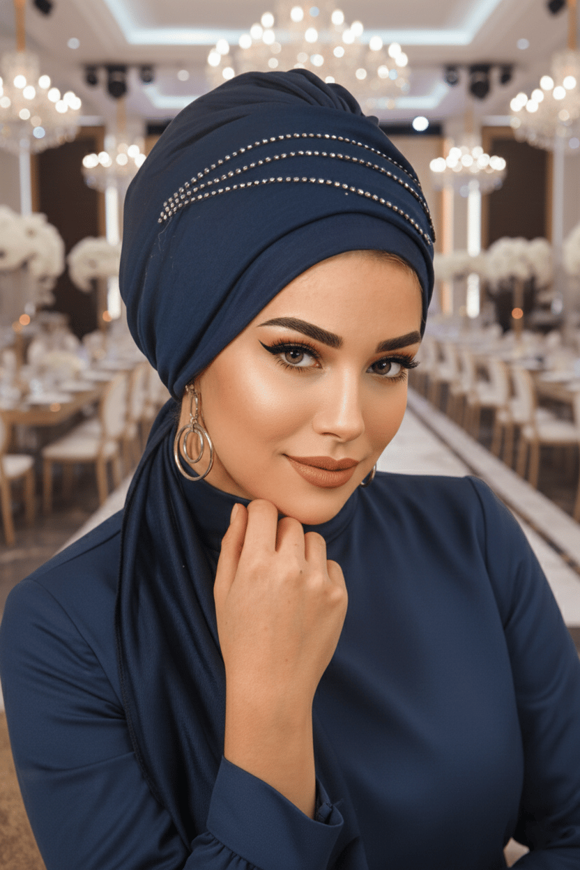 Lacivert Taşlı Atkılı Abiye Bone