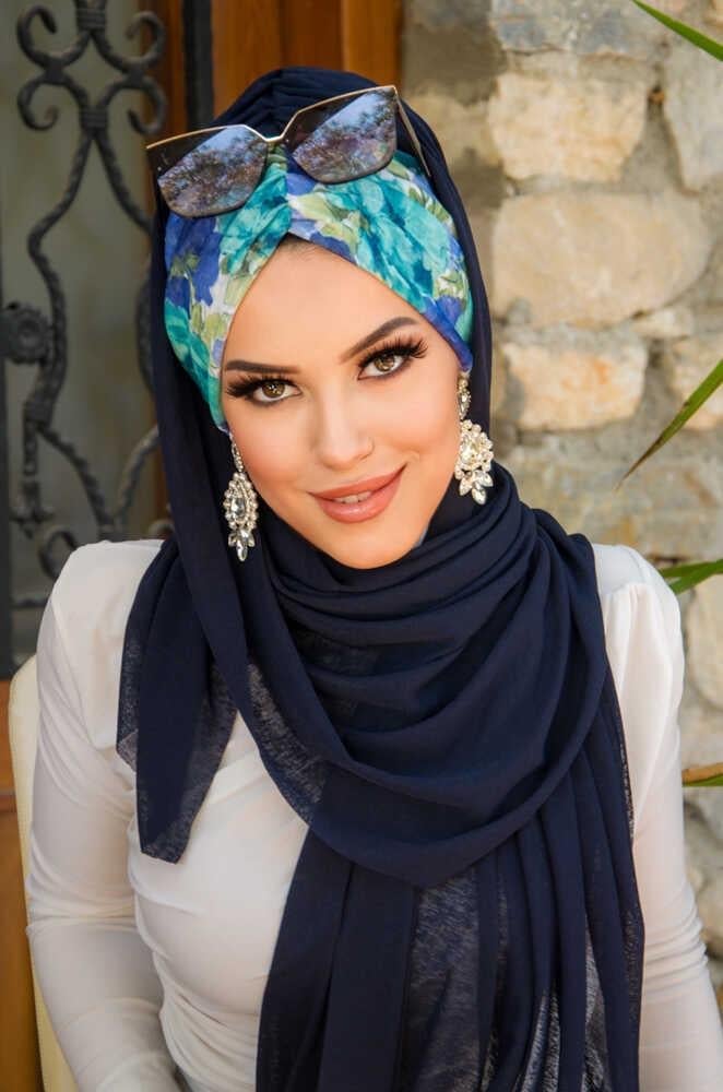 Lacivert Turkuaz Çiçek Desen Hazır Şal