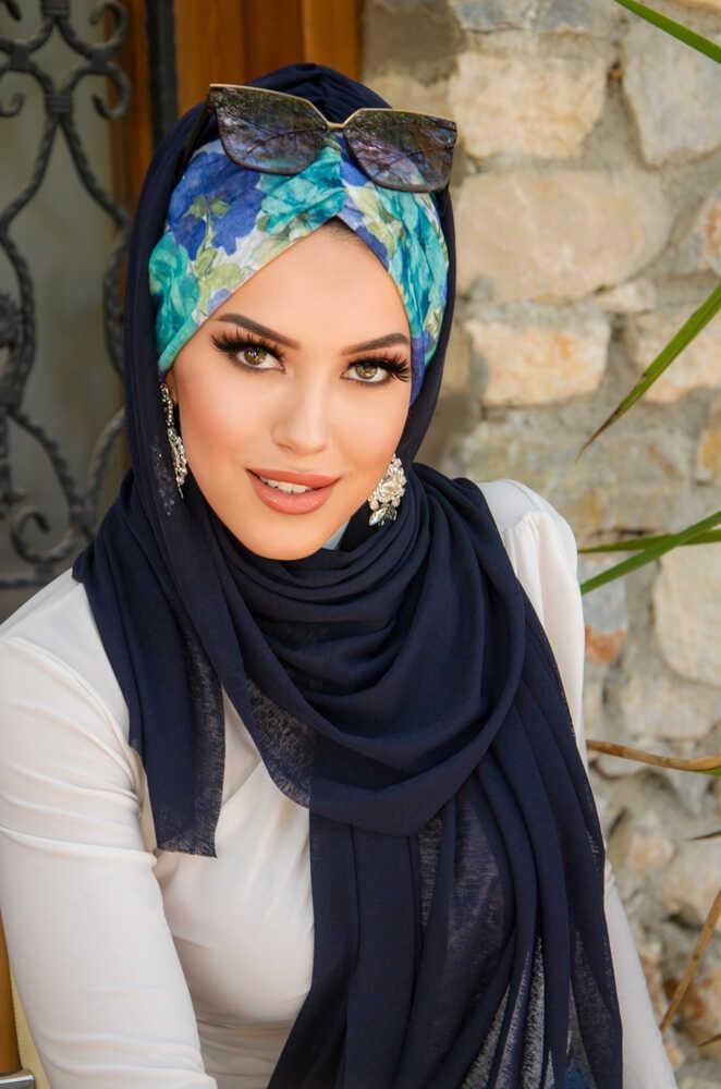 Lacivert Turkuaz Çiçek Desen Hazır Şal