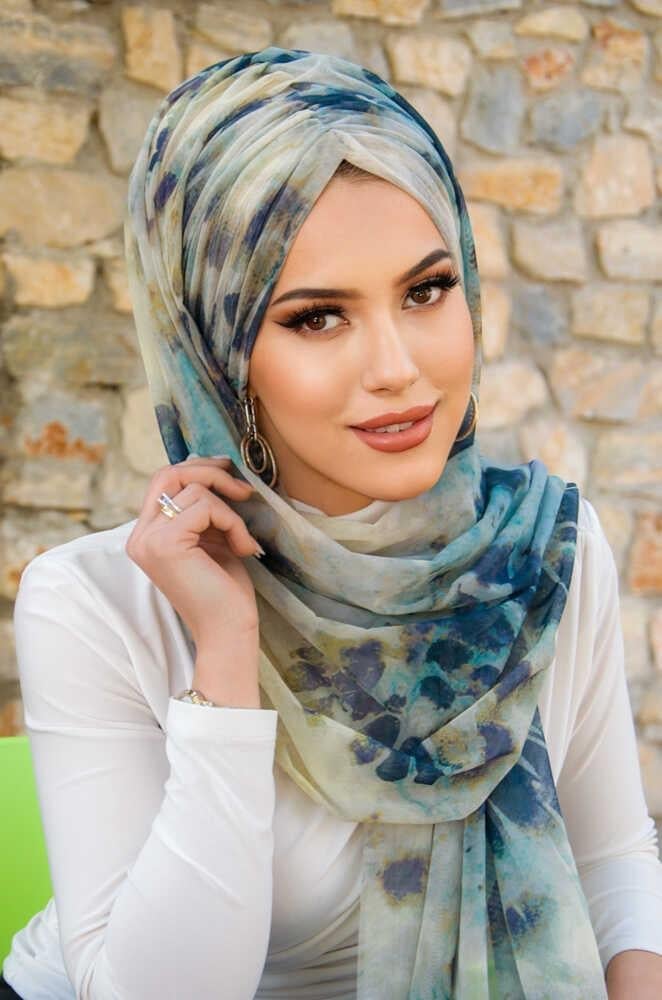 Lacivert Turkuaz Tonlamalı Hazır Şal