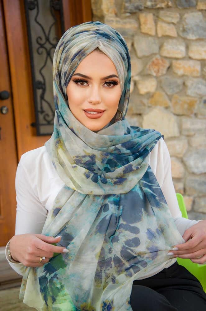 Lacivert Turkuaz Tonlamalı Hazır Şal