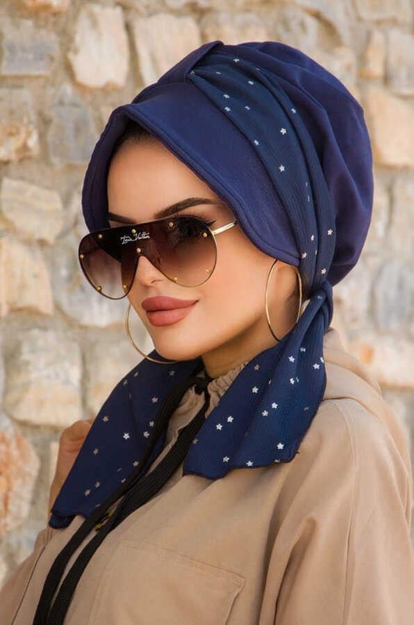 Lacivert Yıldız Desen Fularlı Şapka Bone