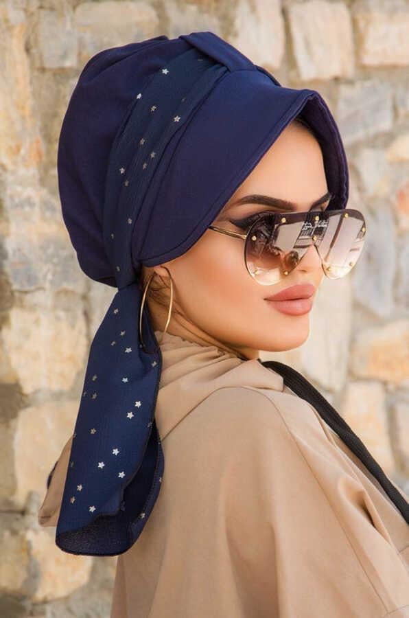 Lacivert Yıldız Desen Fularlı Şapka Bone