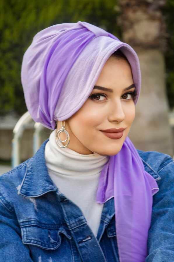 Lila Fularlı Şapka Bone