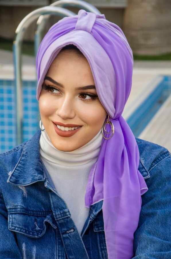 Lila Fularlı Şapka Bone