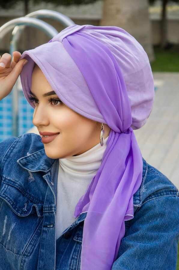 Lila Fularlı Şapka Bone