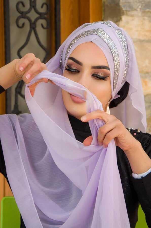 Lila Gümüş Çapraz Bant Abiye Double Şal