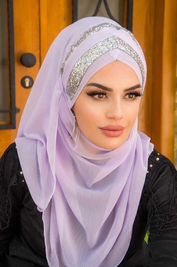 Lila Gümüş Çapraz Bant Abiye Double Şal