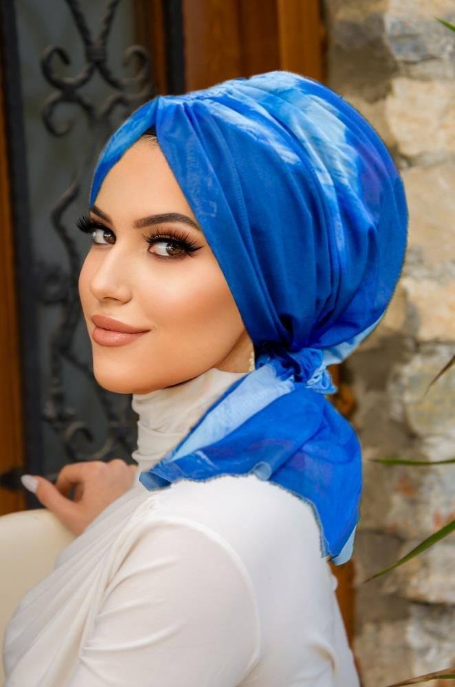 Mavi Batik Desen Tül Tokalı Bone