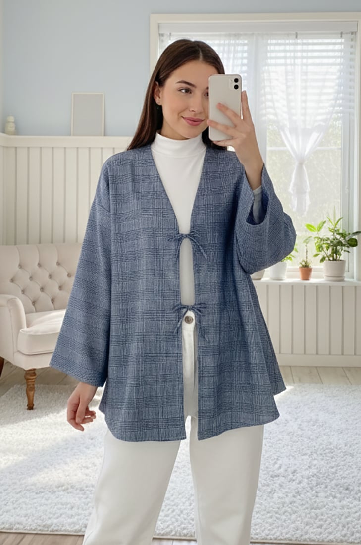 Mavi Ekose Önü Bağlamalı Kimono Tunik / 85 CM BOY