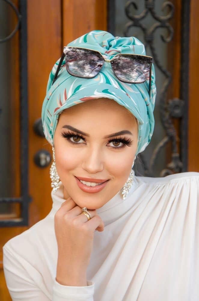 Mint Desenli Tesettür Şapka Bone