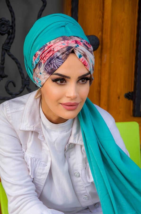 Mint Pudra Çiçek Desen Hazır Şal