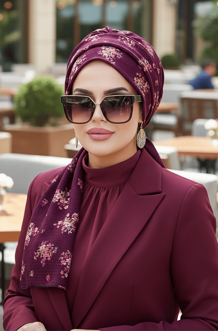 Mürdüm Buket Desenli Atkılı Bone