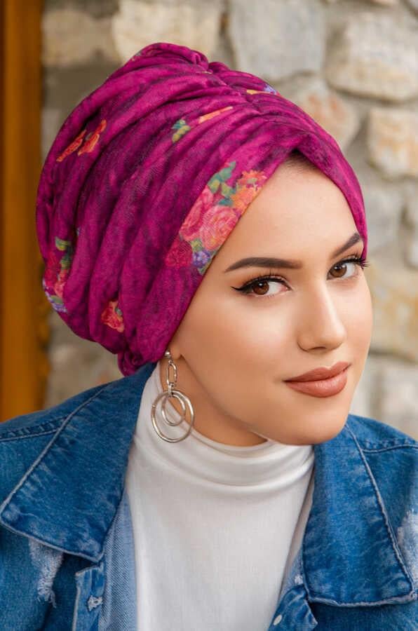 Mürdüm Vişne Çiçek Desen Tokalı Bone