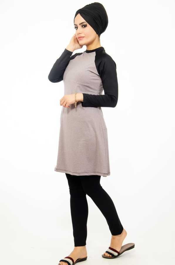 Orkide Gri Siyah Spor Desenli Tesettür Mayo