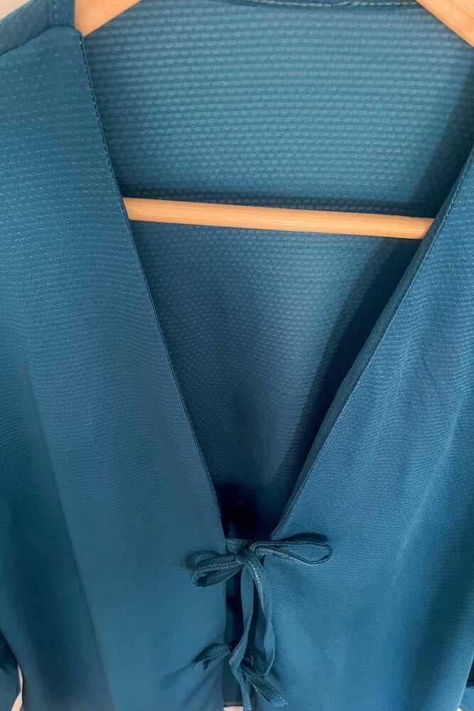 Petrol Mavi Önü Bağlamalı Kimono Tunik / Likralı Yazlık Kumaş