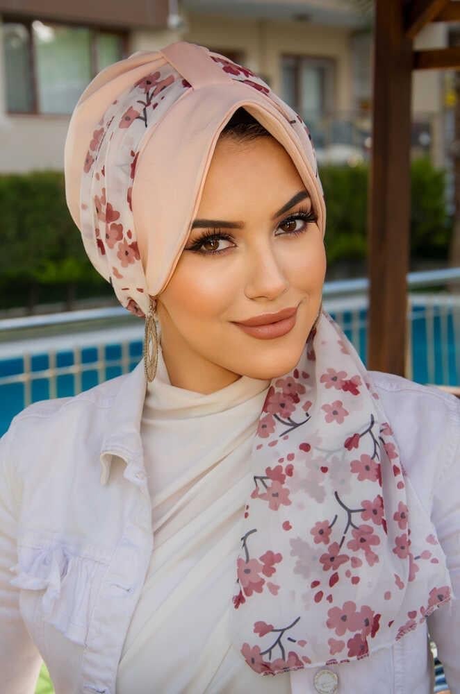 Pudra Çiçek Desen Fularlı Şapka Bone
