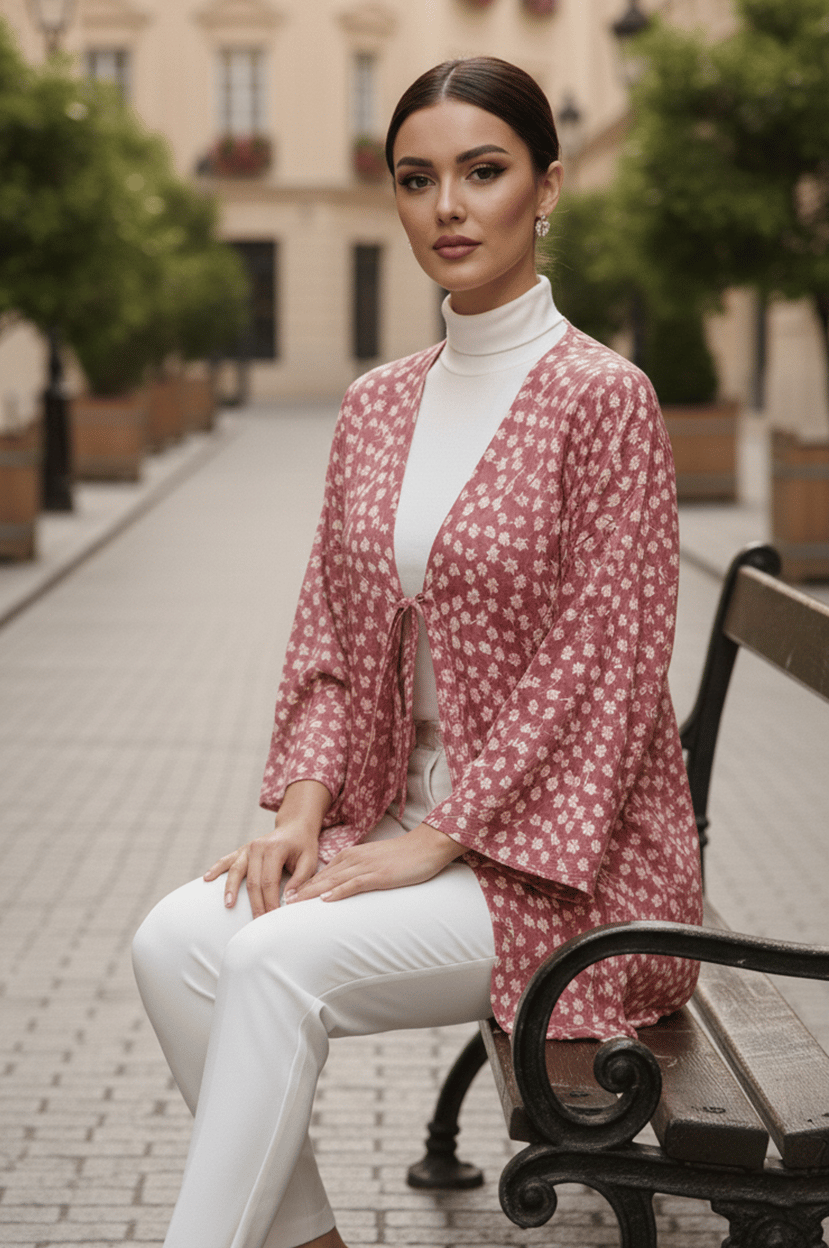 Pudra Çiçekli Önü Bağlamalı Kimono Tunik / Ütü İstemez 85 CM BOY