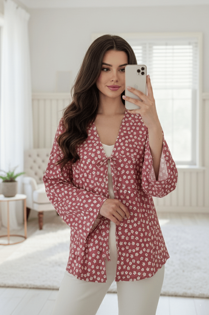 Pudra Çiçekli Önü Bağlamalı Kimono Tunik / Ütü İstemez 85 CM BOY