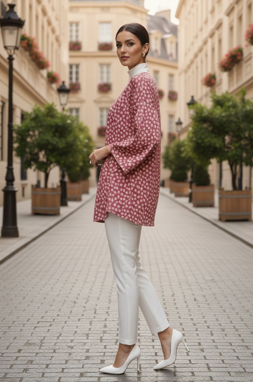 Pudra Çiçekli Önü Bağlamalı Kimono Tunik / Ütü İstemez 85 CM BOY