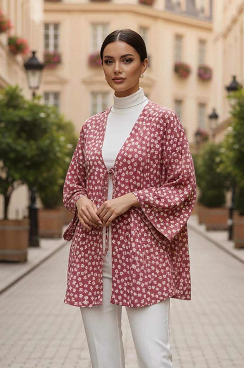 Pudra Çiçekli Önü Bağlamalı Kimono Tunik / Ütü İstemez 85 CM BOY