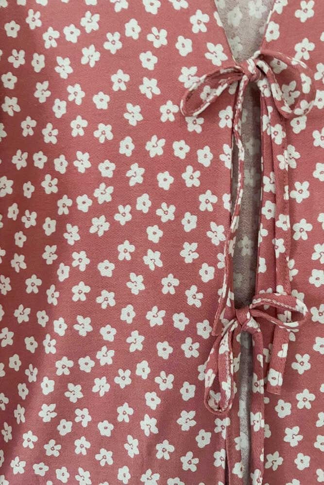 Pudra Çiçekli Önü Bağlamalı Kimono Tunik / Ütü İstemez 85 CM BOY