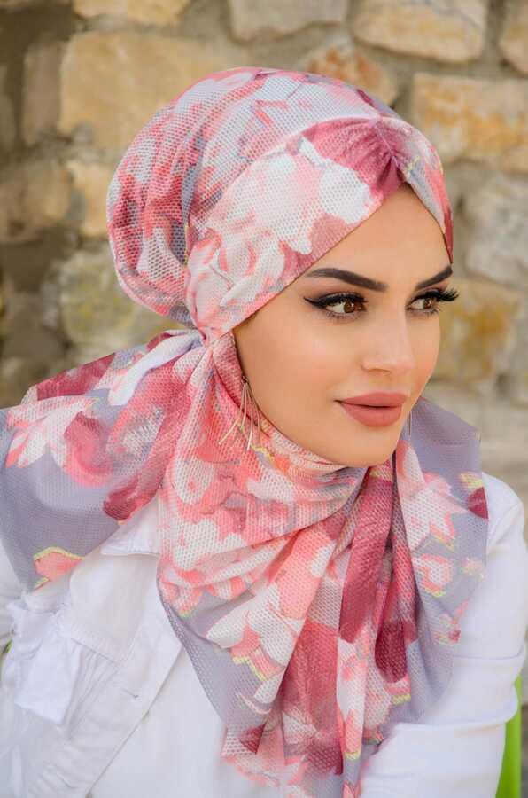 Pudra Gri Desenli Hazır Şal Eşarp