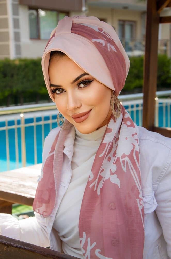 Pudra Gülkurusu Çiçek Desen Fularlı Şapka Bone